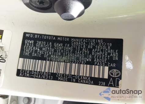 2019 Toyota Corolla Le из США, поврежденный, VIN 2T1BURHE4KC232787